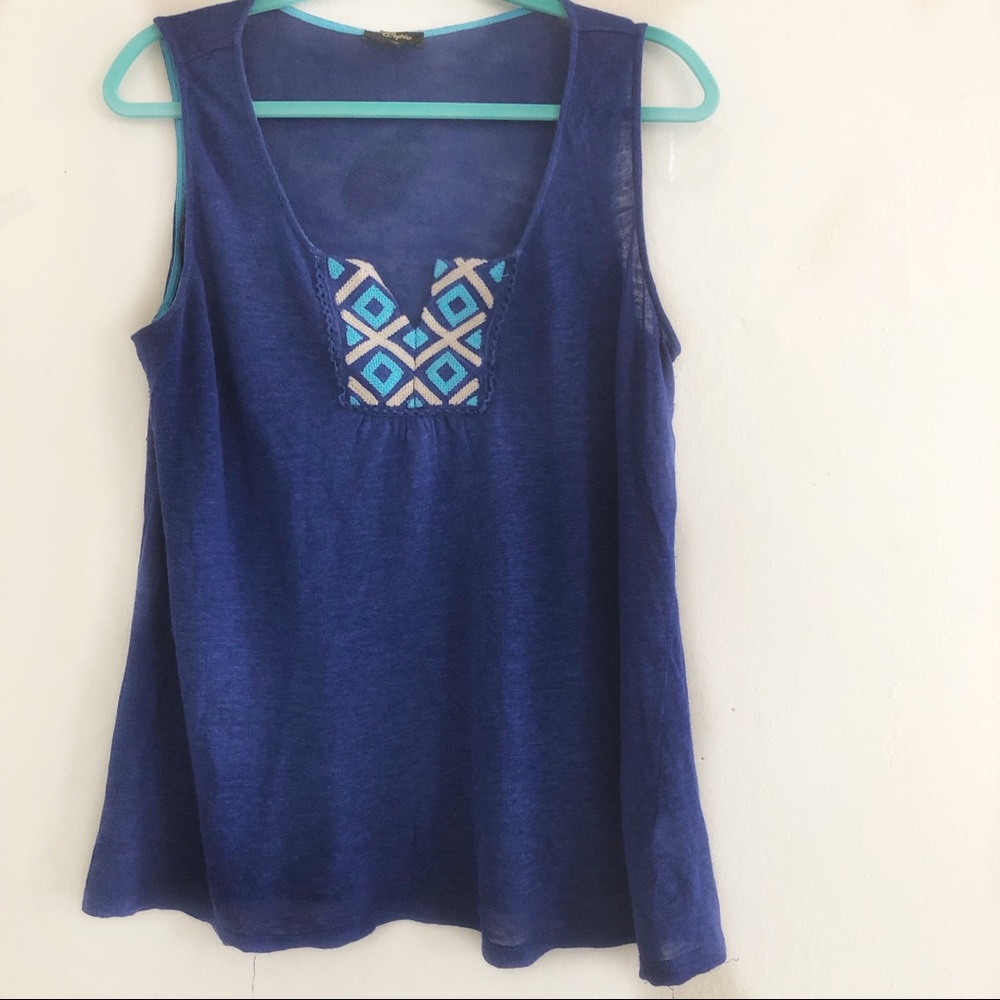 Cobalt Blue Top w/ Turquoise Geometric Print | L